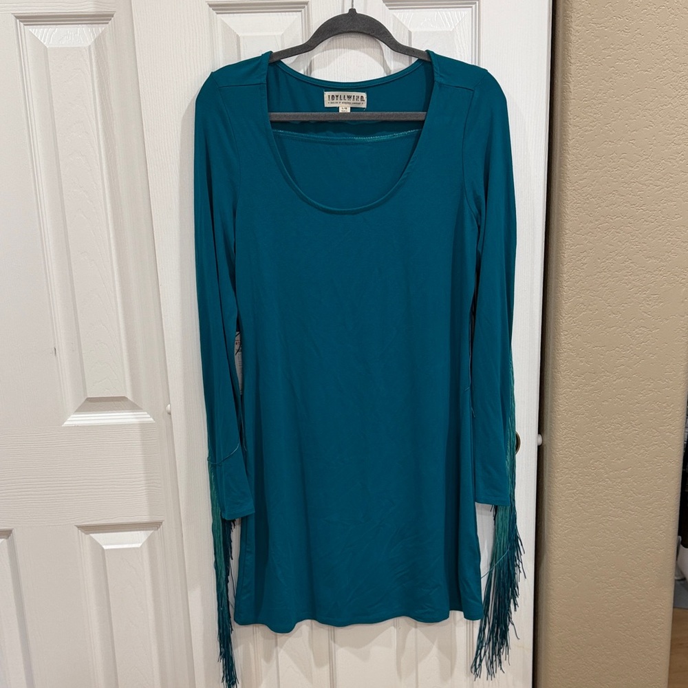Idyllwind Teal Long-Sleeve Fringe Tunic Dress